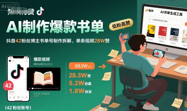 AI制作爆款书单，抖音42粉丝博主书单号制作拆解，单条视频28W赞