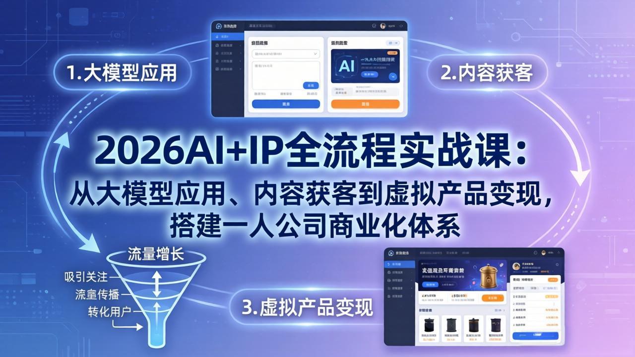 2026AI+IP全流程实战课:从大模型应用、内容获客到虚拟产品变现,搭建一人公司商业化体系插图 2026AI+IP全流程实战课:从大模型应用、内容获客到虚拟产品变现,搭建一人公司商业化体系插图