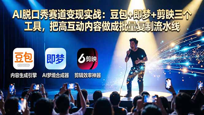 AI脱口秀赛道变现实战:豆包+即梦+剪映三个工具,把高互动内容做成批量复制流水线插图 AI脱口秀赛道变现实战:豆包+即梦+剪映三个工具,把高互动内容做成批量复制流水线插图