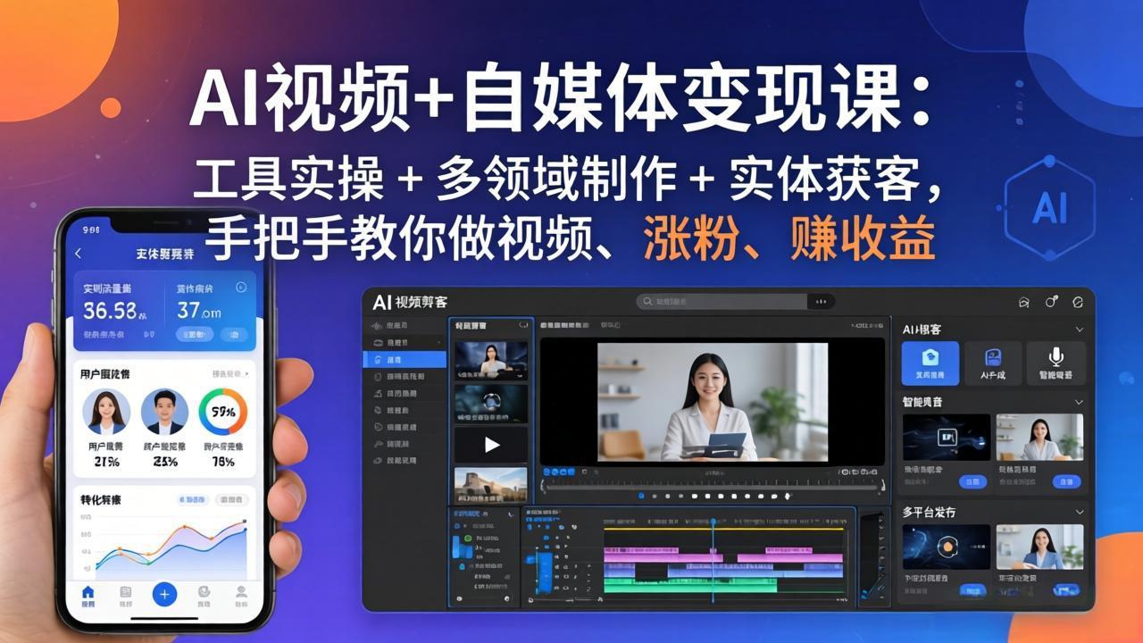 AI视频+自媒体变现课:工具实操 + 多领域制作 + 实体获客,手把手教你做视频、涨粉、赚收益插图 AI视频+自媒体变现课:工具实操 + 多领域制作 + 实体获客,手把手教你做视频、涨粉、赚收益插图