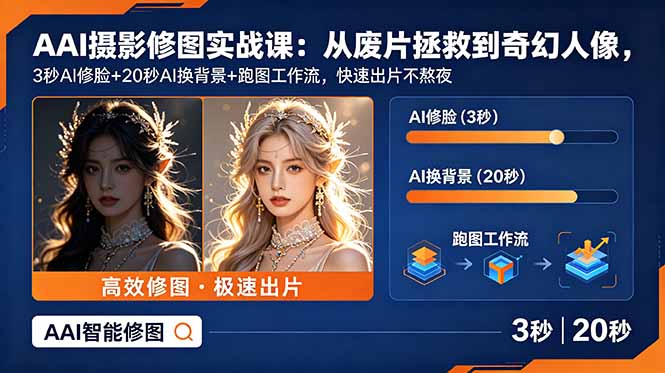 AI摄影修图实战课：从废片拯救 到 奇幻人像，3秒AI修脸+20秒AI换背景+跑图工作流，快速出片不熬夜插图
